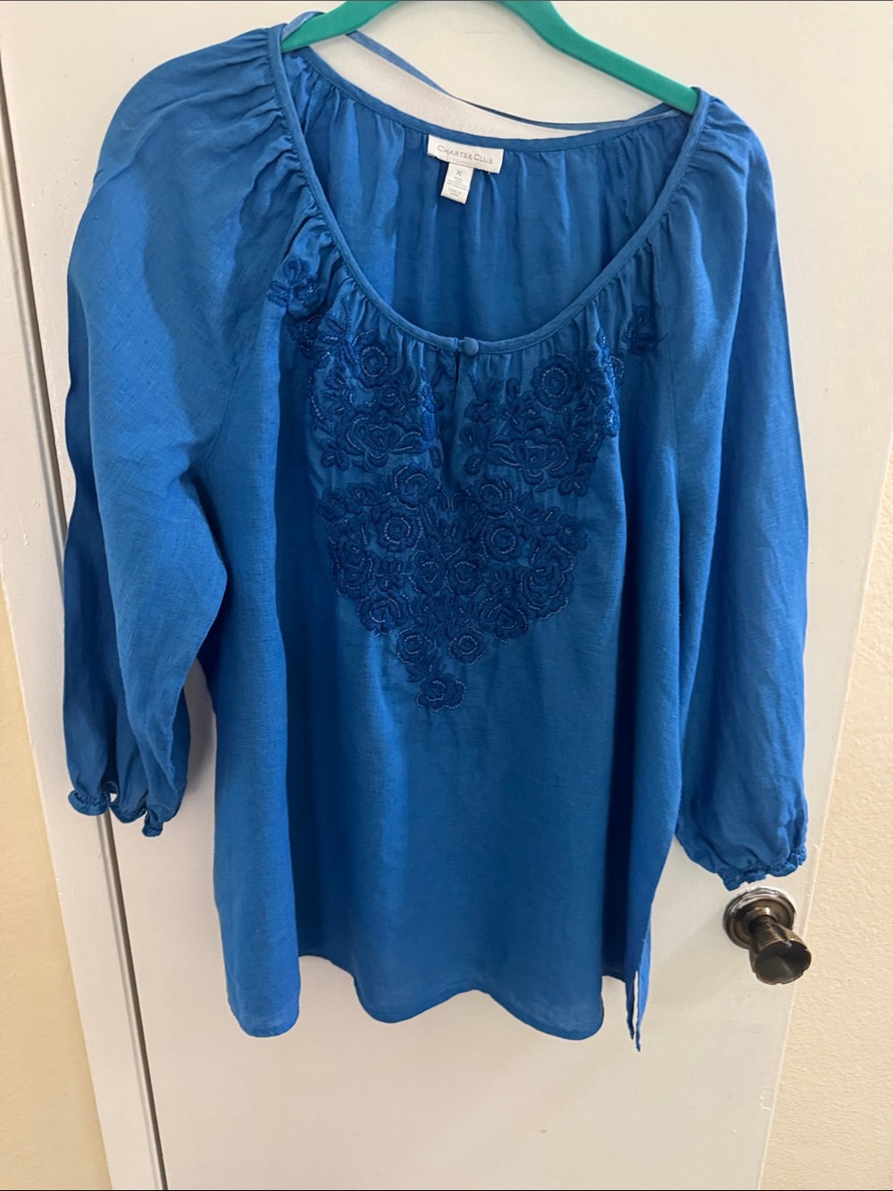 Charter Club Blue Embroidered Peasant Blouse